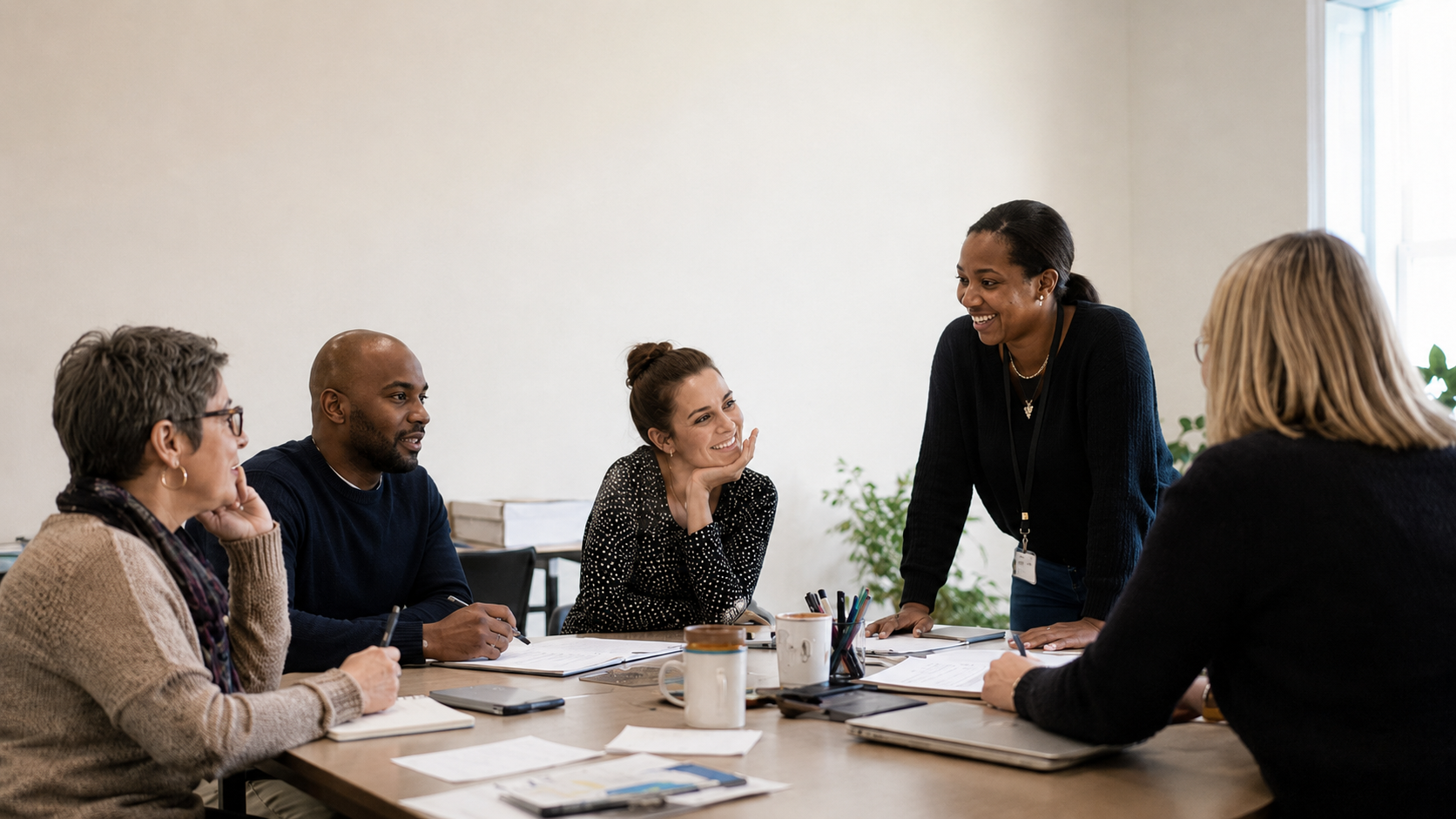 Adults collaborating around a table in a meeting