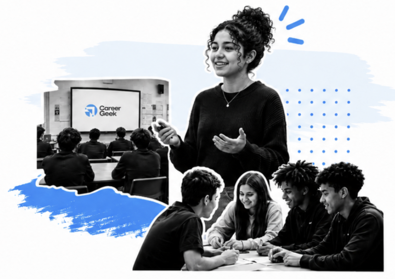 Mariam Sheikh leading a Career Geek workshop with students collaborating around a table
