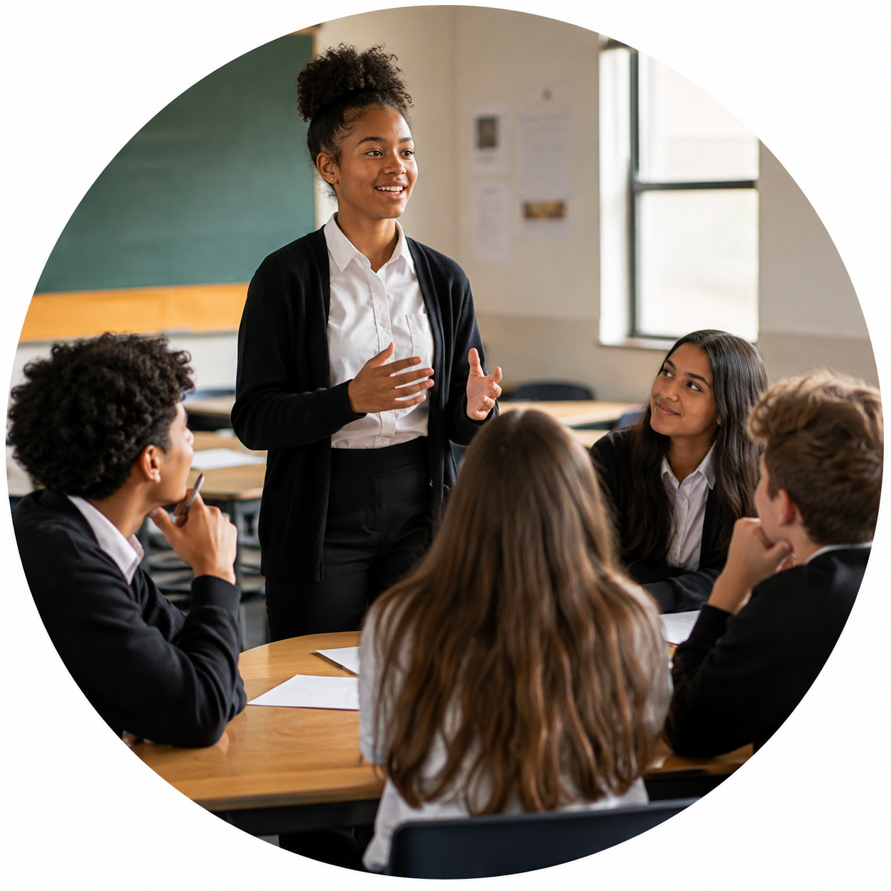 A student speaking confidently to her group during a workshop