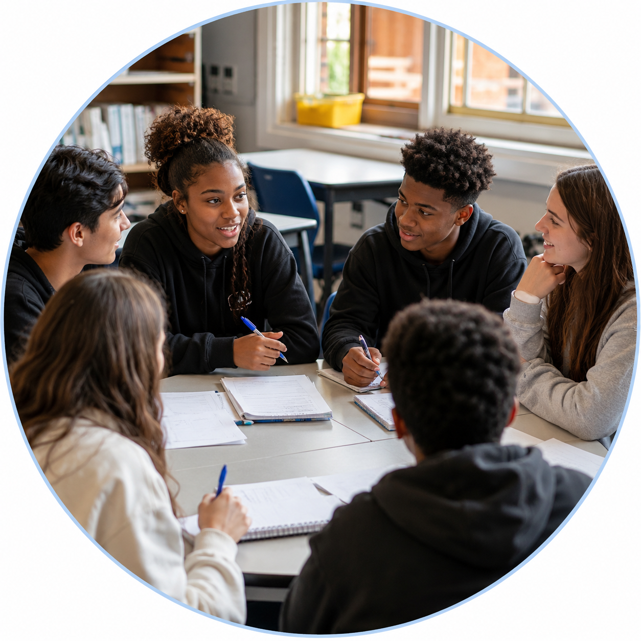Students working together around a table in a Career Geek workshop